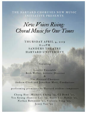 New Music Initiative concert poster from April 4, 2019. The poster contains black and white text overlaid on background that contains the image of a misty lake and trees.