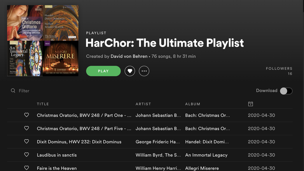 A screenshot page of a Spotify music playlist titled HarChor: The Ultimate Playlist 
