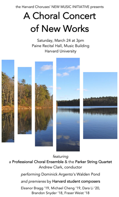 New Music Initiative concert poster from March 24, 2018. The poster contains black text on a white background. In the center there is an image, which is broken into panes of five individual rectangles, of a lake surrounded by trees on a sunny day.  
