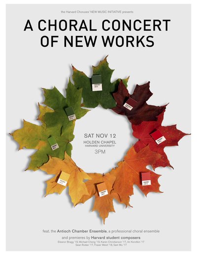 New Music Initiative concert poster from November 12, 2017. The poster contains black text overlaid on a grey background. In the middle of the poster is a wreath made of red, orange, yellow, and green leaves each of which are labeled with a Pantone color label and number. 